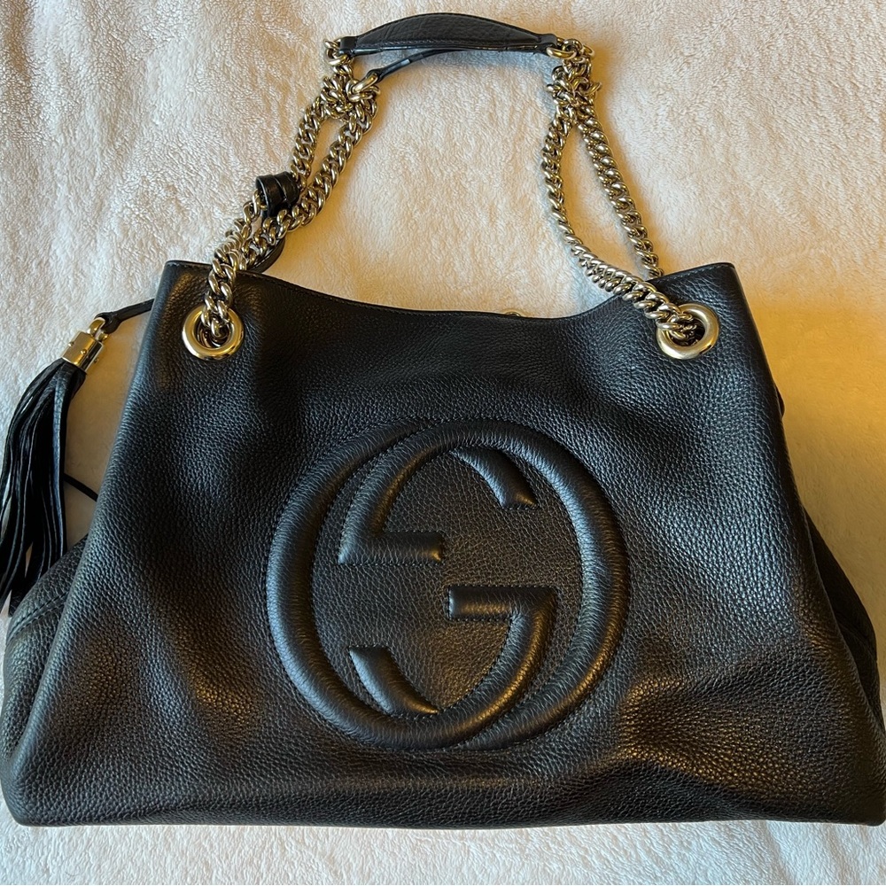 Gucci Soho Medium Black Double Leather Chain Bag Tote